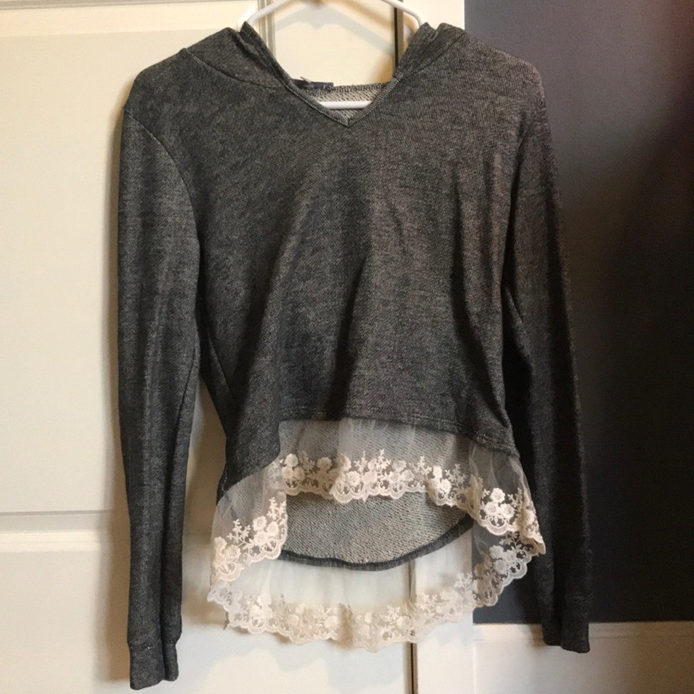 Lace trimmed hooded sweatshirt